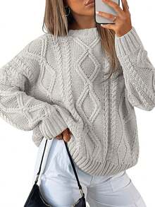 2025  Women's Oversized Cable Knit Crewneck Sweaters - 黑暗賢者 - 查看 6