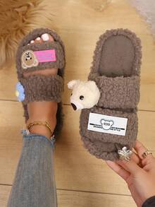 Pantofole in pelliccia sintetica da donna, pantofole a forma di animali, pantofole a forma di orso, pantofole nere, pantofole carine, pantofole di moda, pantofole con suola sottile in EVA, pantofole leggere, pantofole con suola morbida, pantofole silenziose, adatte per pavimenti in legno duro, camera da letto, interno, casa, cortile, ufficio, hotel, tappeto, cartone animato, pantofole soffici, pantofole da donna