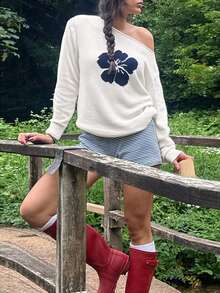 Fashionable Women's Jacquard Knit Loose Fit Oblique Shoulder Long Sleeve Sweater, Bold Floral Pattern, Slightly Stretchy Fabric