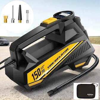CARSUN Portable Tire Inflator Air Compressor Air Pump For Car Tires - Automotive Accessories, 9.8 Ft Power Cord - 150PSI 12V Dc Powered Car Auto Pump With Digital Pressure Gauge & Emergency Led Light, For Bicycles, Balloons, Yellow Christmas Gift