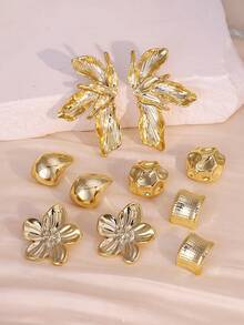 2/10pcs Symmetric Floral Petal Stud Earrings Set, Gold Plated, Suitable For Daily Wear And Gift For Family/Friends