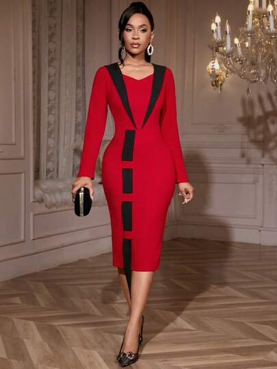 AOMEI Women's Colorblock Modest Party Midi Dress For Women Sweetheart Neck Long Sleeve With Contrast Bodycon Dress Outfit For Date,Party,Wedding Dress,Bridesmaid Dress,Graduation Dress,Wedding Guest Fall Women Clothes,