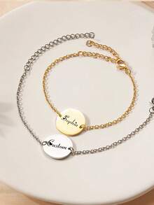 Customized Personalized Bracelet Engraved With Name And Stainless Steel Birth Gift Mom Bridesmaid Gift Classic Stainless Steel Round Coin Bracelet With Pendant Adjustable Women's Calligraphy Letters Handmade Bracelet Commemorate Date With Name Family Jewelry