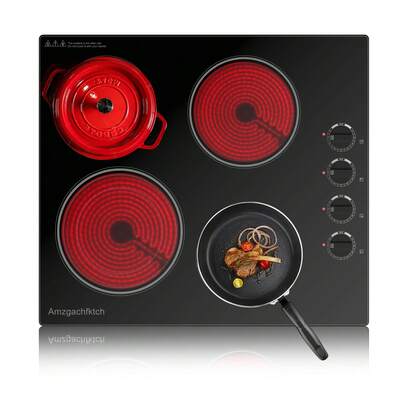 24" Built-In 4 Burner Electric Cooktop, Dual-Ring Burners, 6700W Radiant Stove Top With Knob Control, Residual Heat Indicator & Auto Shut Off, ETL Certified, 220-240v Hardwire(No Plug)