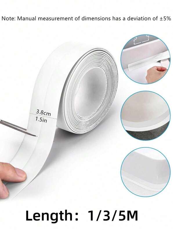 1 rollo de 3,8 cm x 5 m de cinta autoadhesiva blanca para calafatear, de alta adherencia, impermeable, resistente al moho y al aceite, cinta selladora para baño, cocina, inodoro, bañera, fregadero, pared, etc.