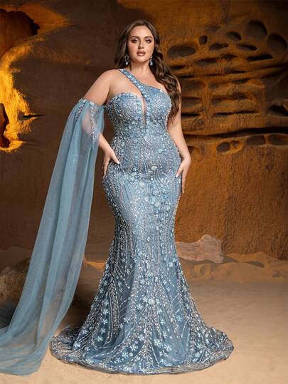GIFORU Luxury Blue-Grey Beaded Gown With Attached Cape - One Shoulder Sequined Embroidery Dress For Red Carpet Events, Opera Galas And Evening Parties