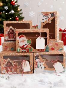 9pcs/3set Christmas Cookie Gift Box Set,Treat Boxes With Clear Window, Cute Tags And Ropes For Holiday Gift Giving And Christmas Party Supplies,Holiday Xmas Goody Party Favors - Multicolor - View 4