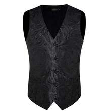 Mens Waistcoat Black Floral Paisley Vest Tie Handkerchief Cufflinks Set Tuxedo Gilet Wedding Formal Casual - 黑色 - 查看 8