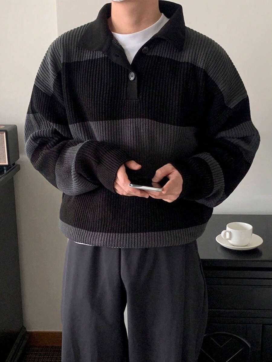 Men's American Street Style Korean Business Casual Commute Versatile Striped Pullover Knit Sweater - 黑色 - 查看 1