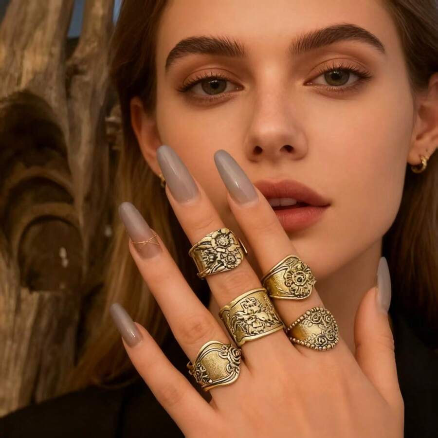 Five-Piece Retro Distressed Pattern Exaggerated Punk Style Open Ring Casual Versatile Event Temperament Party Gathering Gift Fashionable Women's Ring SetParty Favors,Halloween, The Best Choice For Christmas Party Gifts - 五件復古做舊拉花開口戒指套裝 - 查看 1