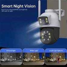 2.4G/5G WiFi 双镜头户外安防摄像头，1080P 高清智能监控摄像头，具备静态和动态图像显示、云台控制、彩色夜视、移动侦测、355° 水平旋转和 90° 垂直旋转、双向语音通话、手机 App 控制等功能，适用于室内外环境。