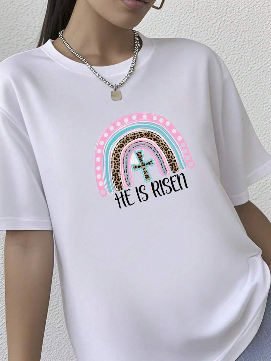 180g pure Cotton He Is Risen Rainbow Shirt, Easter Rainbow Shirt, Easter Shirt, He Is Risen Easter Shirt, Christian Easter Shirt, Boho Easter Shirt for Women T-Shirt For Women Casual Stretched Top For Everyday Wear Women Top Graphic Tees Summer Soft female Breathable - Blanco - Ver 1