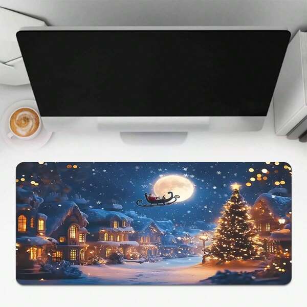 1pc Christmas Themed Extended Mouse Pad - Magical Santa Sleigh & Snowy Illuminated Village Patterns With Full Moon & Twinkling Lights, Non-Slip Rubber Base & Durable Textured Surface - Ideal Desk Accessory For Christmas Enthusiasts, Gamers, Office & Home Use, Perfect Gift For Holiday Lovers & Festival Presents