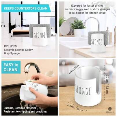 - Soporte de esponja de cermica para fregadero de cocina, organizador de fregadero blanco, soporte de esponja de cocina de granja, bonito soporte de esponja de cermica para encimera