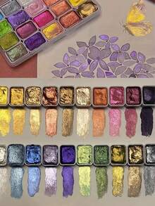 Juego de 24 colores de pintura de acuarela sólida, bloques de pigmento de acuarela sólida con textura metálica perlada, adecuado para caligrafía, pintura, arte de uñas, DIY - Colores vibrantes, de larga duración, fácil de mezclar - Multicolor - Ver 12