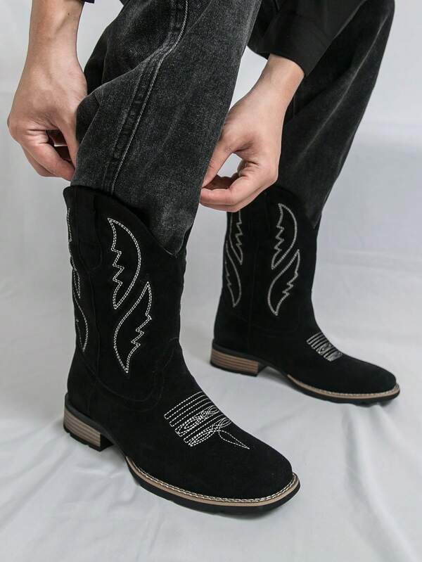 Men's Creative Embroidery Retro Lace-Up Boots, Wide Toe Cowboy Boots For Men And Women, High-Top Windproof And Riding Boots (Please Choose One Size Down)