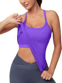 Workout Tops Women With Built In Bra, Sleeveless Gym Tops Seamless Racerback Athletic Yoga Shirts, Activewear - 紫色 - 查看 10
