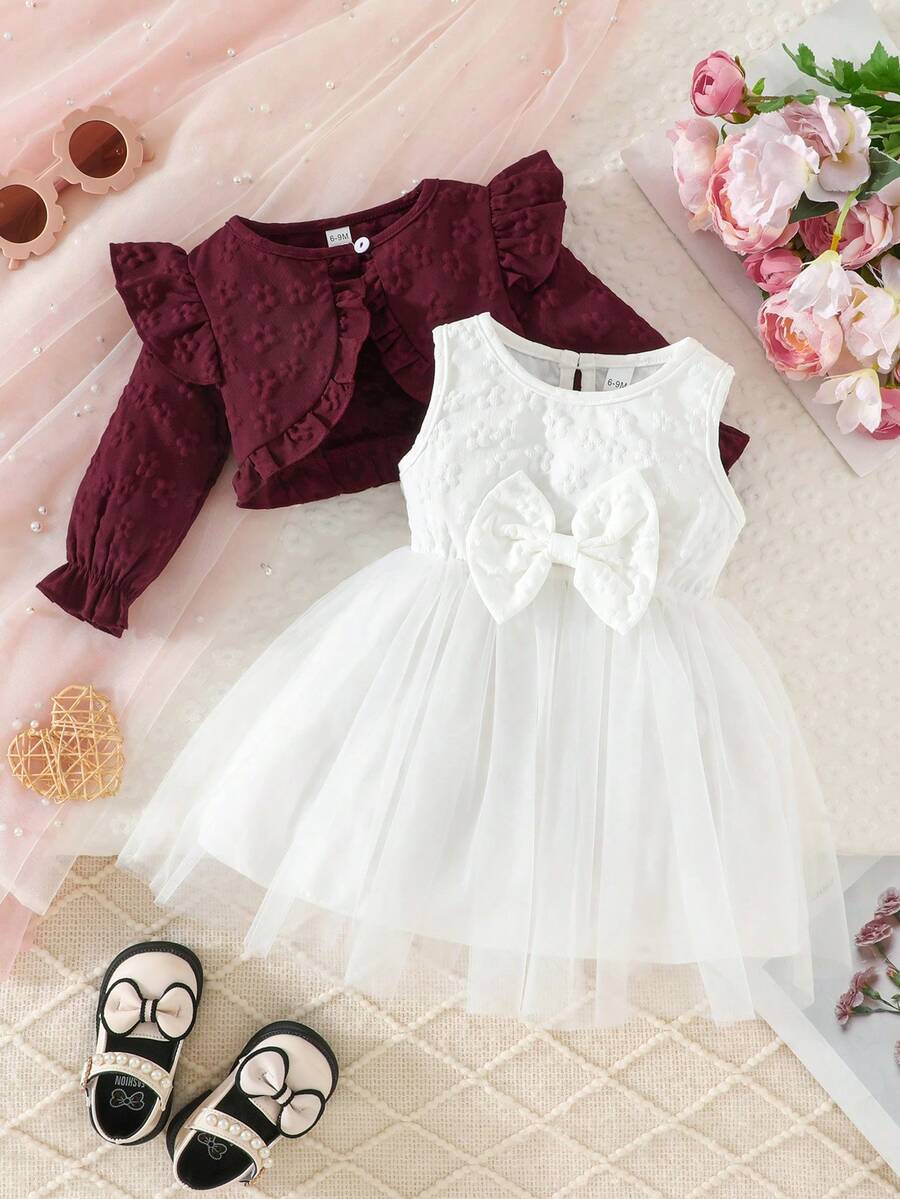 2 Stücke/Set Baby Mädchen Lässig Schneeflocken Muster Strickjacke und Schleife Tüll Kleid Outfit