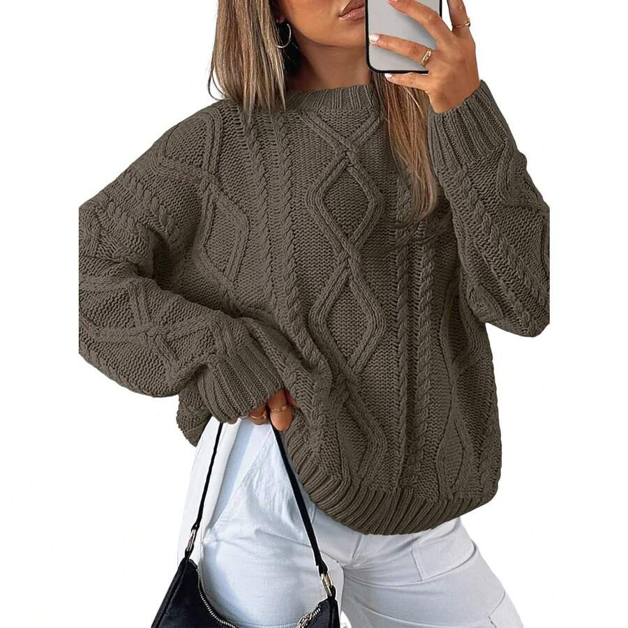 2025 Women's Oversized Cable Knit Crewneck Sweaters - Cedar Brown - View 1