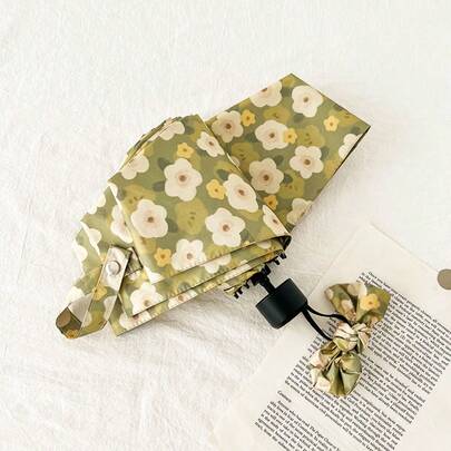 1pc 6-Rib Compact Folding Umbrella, UV Protection Sun Umbrella, Lightweight & Windproof, Suitable For Spring, Summer, Autumn, Winter, Convenient Outdoor Sunshade, Elegant Floral Design, Unisex