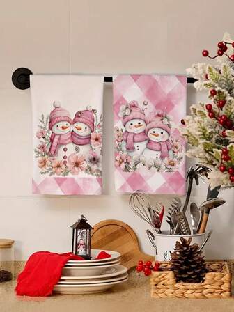 2 piezas/4 piezas/12 piezas Toallas de cocina con estampado de muñeco de nieve a cuadros rosas, toallas de mano de baño navideñas, toallas de fiesta al aire libre navideñas, decoración navideña para el hogar, decoración de cocina navideña, estilo moderno, secado rápido, material de microfibra súper suave, rectangular, 40*60CM con estampado digital, adecuado para decoración de fiestas al aire libre, regalos navideños