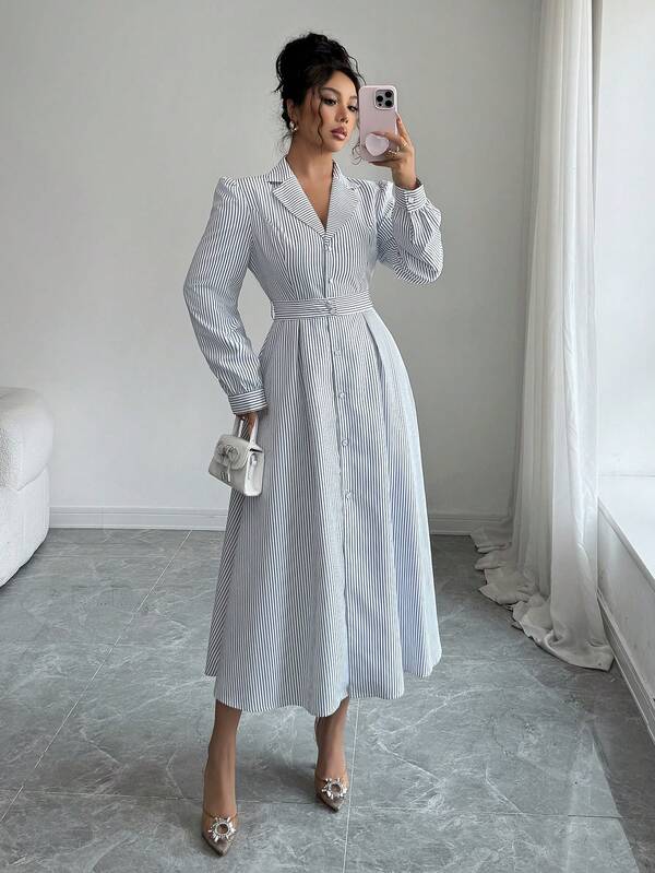 Women's Casual And Elegant Office Striped Long Dresses With Front Buttons, Belt And Long Sleeves, Suitable For Commuting, Daily Wear, Early Autumn, Autumn And Winter, Teachers' Day And Back-To-School Season