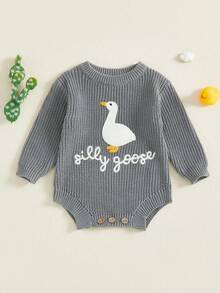 Newborn Infant Cute Goose Letter Embroidery  Romper Jumpsuit Baby Knitted Sweater Long Sleeve Round Neck Rompers Newborn Girl Boy Goose Funny Romper Reveal Pregnancy Announcement Clothes - 藍色 - 查看 2