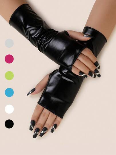 1 Pair Lacquered Leather Long Solid Color Punk Y2K Party, Performance, Festival Costume, Cosplay Fingerless Gloves