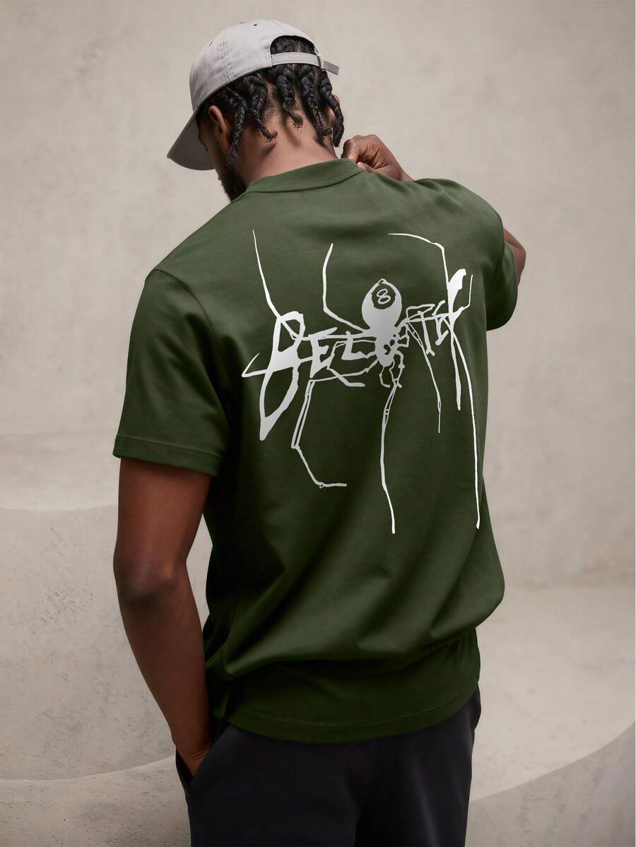 Men's Casual Letter & Spider Print Round Neck Short Sleeve T-Shirt, Summer - Army Green - View 1