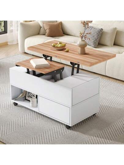 100*50*52cm Couchtisch Mit Rollen, Multifunktionaler Wohnzimmertisch Schubladen, Anhebbarer Kaffeetish, Höhenverstellbar Sofatisch, Beistelltisch Und Esstisch Stauraum, Weiss Holzfarbe