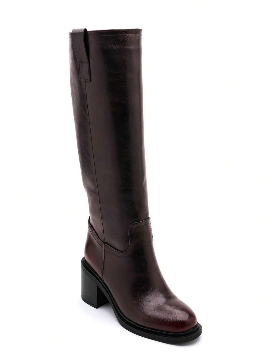 Fashionable Versatile Chunky High Heel Knee-High Boots - Wine Red 2523A - View 1