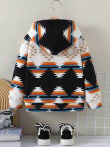 Felpa con cappuccio casual in pile spesso con motivo geometrico totemico, adatta per uscite casual, shopping, inverno