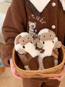 XIXITIAO 1 Paar süße Kuh-Muster Slip-On Hausschuhe, weiche Plüschfütterung, warme Hausschuhe, Farbblock, rutschfeste Sohle, geeignet für Zuhause, Winter