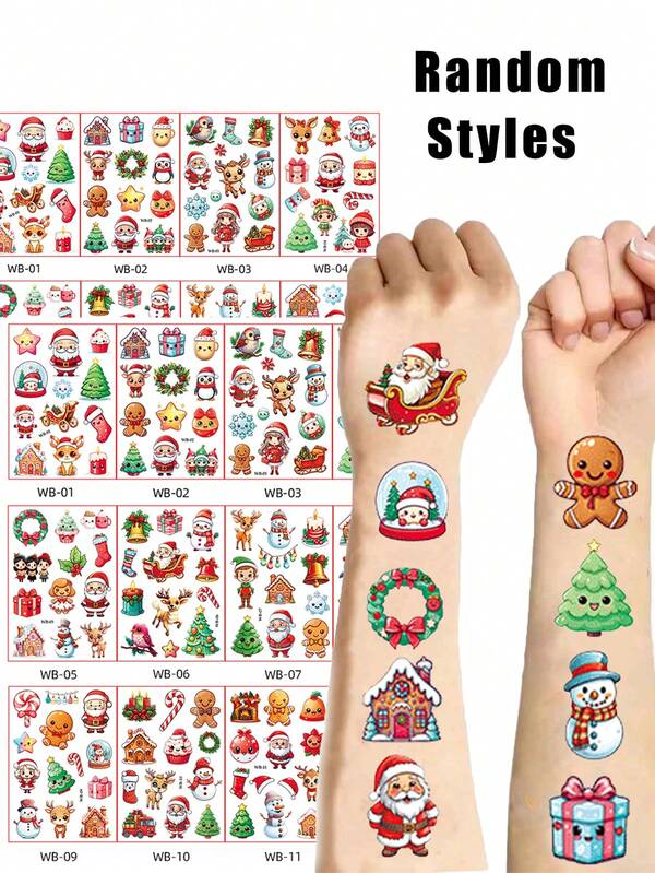 Cartoon Weihnachts-Serie Tattoo Aufkleber, Weihnachts Temporäre Tattoo Aufkleber, Funkelnde Weihnachtsdekoration, Weihnachtsmann, Weihnachtsbaum, Schneemann, Elch, Weihnachtselemente, Wasserfeste künstlerische realistische Fake Tattoo Aufkleber, geeignet als Weihnachtsgeschenke, perfektes Geschenk für Familie & Freunde, Feiertags-/Party Körperdekoration