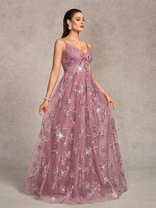 Elegant Women's Sequin Embroidered Maxi Party Dress, Featuring Ruffle Trim Details And A-Line Silhouette, Suitable For Formal Dinners, Weddings, Red Carpet Events And Grand Occasions, Also Can Be Worn As Party Dress, Wedding Guest Dress And Evening Gown - 藕粉色 - 查看 6