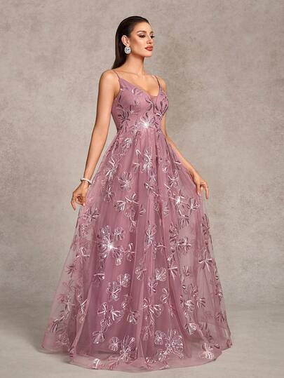 Elegant Women's Sequined Embroidered Spaghetti Strap Long Party Dress With Pleated Details And A-Line Hem Design, Suitable For Formal Dinner Occasions,Luxurious Formal Wear For Weddings, Red Carpet Events & Gala Dinners, Party Dress, Wedding Guest Dress, Evening Dress ﻿