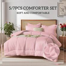 5/7pcs Simple And Stylish Embossed Bed Comforter Set, 100% Microfiber Soft Breathable Summer Bedding Set, Comfortable And Durable, Include 1 Comforter+1 Flat Sheet+1 Fitted Sheet+1/2 Pillowcases+1/2 Pillowshams,All-Season, Bed In A Bag, Room Decor, Best Gift - Hồng-BZ01 - Xem 1