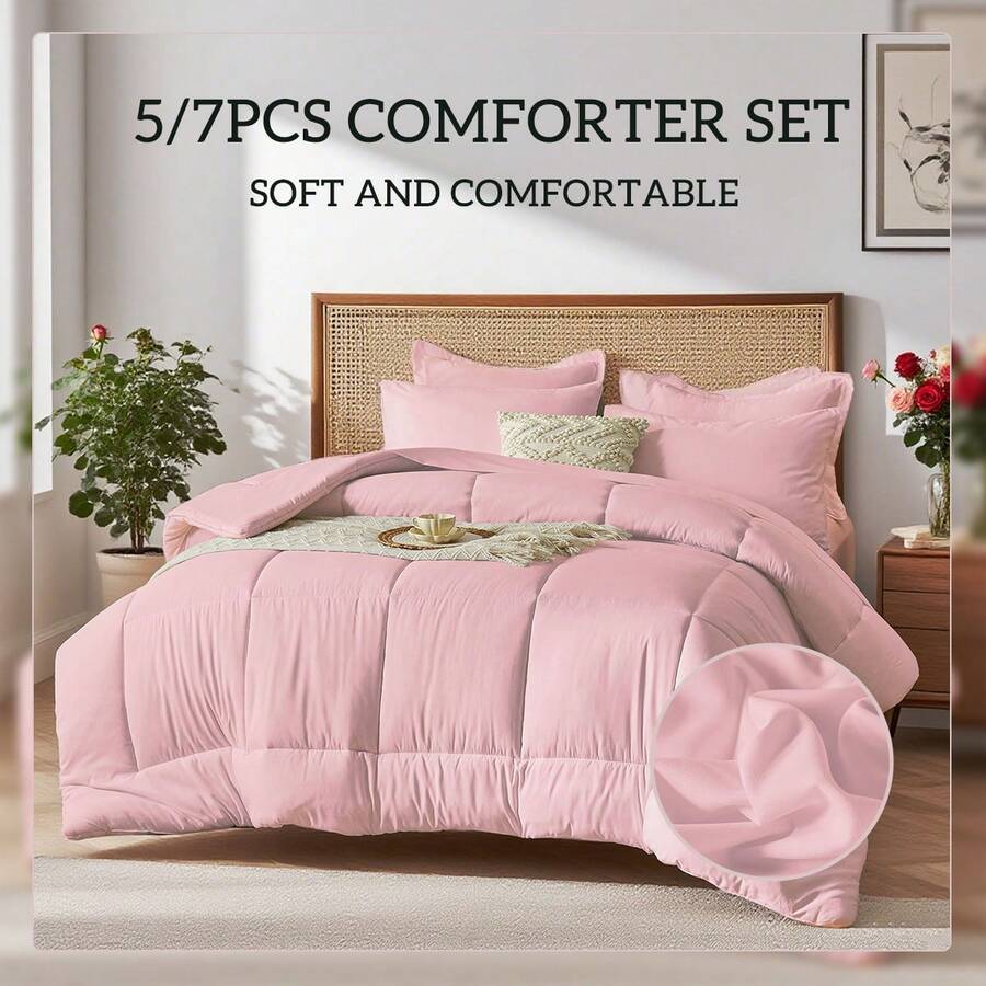 5/7pcs Simple And Stylish Embossed Bed Comforter Set, 100% Microfiber Soft Breathable Summer Bedding Set, Comfortable And Durable, Include 1 Comforter+1 Flat Sheet+1 Fitted Sheet+1/2 Pillowcases+1/2 Pillowshams,All-Season, Bed In A Bag, Room Decor, Best Gift - Hồng-BZ01 - Xem 1
