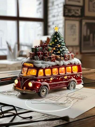 1pc Classic Christmas Bus Table Sculpture With Lighting Tree And Gifts - Polypropylene Double-Sided Printing, Festive Christmas Ornament For Home, Bedroom, Dining Room, Multifunctional Christmas Decor