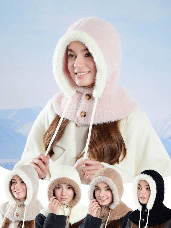 1 pieza/2 piezas Gorro de pasamontaña con cordón de felpa para mujer, conjunto de gorro y bufanda con ribete de peluche de color contrastante, gorro de invierno para esquiar, de piel sintética, cálido y grueso, adecuado para montar a diario y esquiar