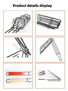 2/4 件不粘烧烤篮 - 耐用金属带木柄，黑色 - 便携式木炭烧烤工具，适合露营、野餐、徒步旅行 - 均匀受热，易于清洁，可烤肉、蔬菜等，徒步旅行必备实用烹饪设计不粘表面，户外烧烤配件 - 彩色 - 查看 4