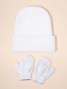 2 pezzi/set Guanti senza dita lavorati a maglia tinta unita + Cappello lavorato a maglia tinta unita per bambini, Set berretto invernale casual antivento e caldo per bambini e bambine per uso esterno - Cappello lavorato a maglia + guanti - Visualizzare 21