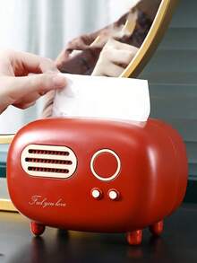 3 件复古红色收音机形状纸巾盒架 - 古董设计，带有“FEEL YOU LOVE”字样，方形塑料餐巾纸分配器和收纳盒，适合家居装饰，可爱的纸巾盒架 - 彩色 - 查看 1