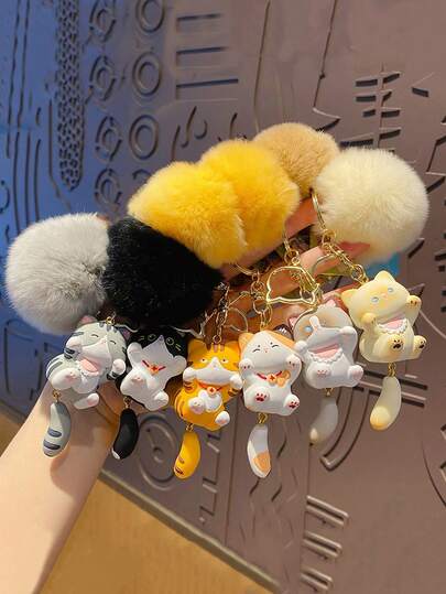 1個 かわいい猫キーチェーン、ふわふわポンポン カワイイバッグ
