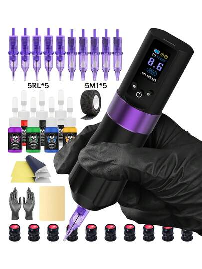 DQFART Kabelloses Tattoo-Pistolen-Set mit 1800mAh Tattoo-Akku, LED-Digitalanzeige, mehrere Verwendungsmodi, Alles-in-einem Tattoo-Maschinen-Stift, Tattoo-Set geeignet für Anfänger und Tattoo-Künstler, Tattoo-Zubehör