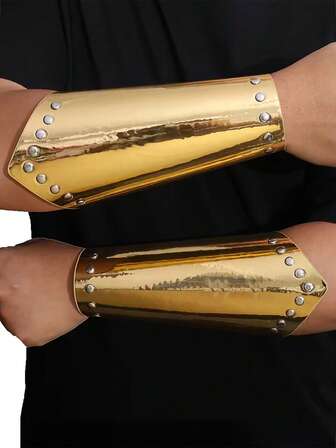 2pcs Medieval Viking Arm & Wrist Guards - Faux Leather Arm Pads With Golden-Tone Metal-Like Studs, Renaissance Cosplay Props For LARP, Stage Combat, Historical Reenactments - Battery-Free Costume Armor Accessories- Compatible With Nordic Viking Armor Sets