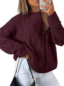 2025  Women's Oversized Cable Knit Crewneck Sweaters - 霧霾藍 - 查看 6