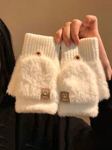 1双女士翻盖半指白色毛绒露指手套，加厚保暖，适合学生秋冬写字骑行，加厚针织露指写字带触摸屏，休闲腈纶