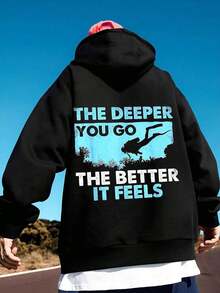 Men's Hoodie Sweatshirt, Casual Sports Fashion Pullover. Display With The Text 'The Deeper You Go Better It Feels' Featuring A Diver Graphic. Cool Design Suitable For Diving Enthusiasts, Leisure, Sports, Or Beach-Related Activities. -White And Navy Off-The-Shoulder Cropped Top-Unisex,Fall Hoodies,Men's Fall Clothes,Street Wear,Halloween,Mens Hoodies,Y2k Clothes,Jesus Hoodie,Thanksgiving Day,Nightmare Before Christmas,Christmas - 黑色 - 查看 1