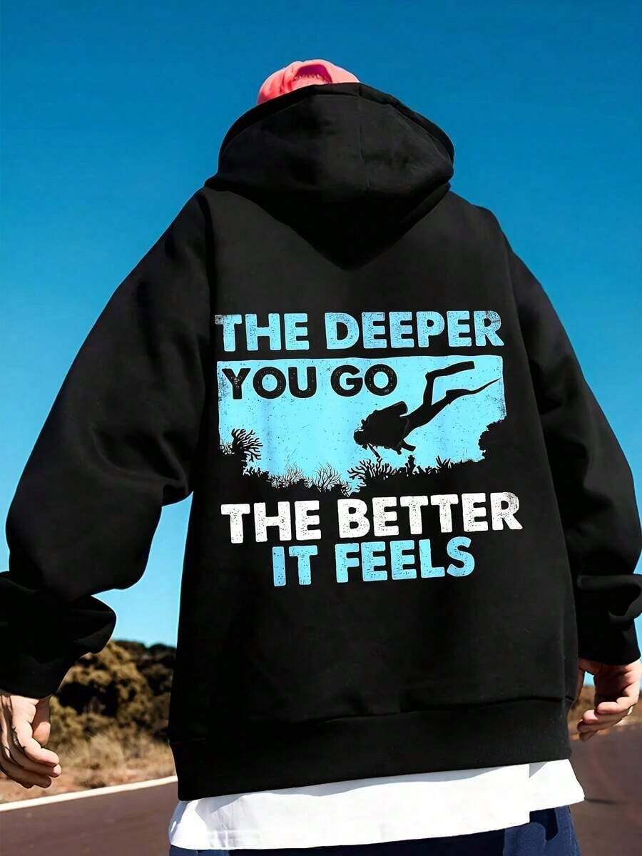Men's Hoodie Sweatshirt, Casual Sports Fashion Pullover. Display With The Text 'The Deeper You Go Better It Feels' Featuring A Diver Graphic. Cool Design Suitable For Diving Enthusiasts, Leisure, Sports, Or Beach-Related Activities. -White And Navy Off-The-Shoulder Cropped Top-Unisex,Fall Hoodies,Men's Fall Clothes,Street Wear,Halloween,Mens Hoodies,Y2k Clothes,Jesus Hoodie,Thanksgiving Day,Nightmare Before Christmas,Christmas - 黑色 - 查看 1